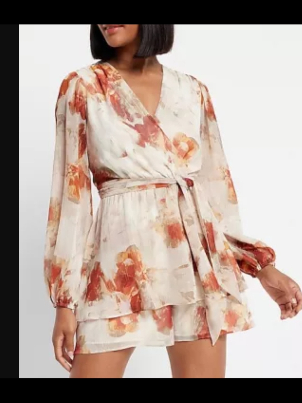 Express Floral Wrap Mini Dress - Cream & Rust